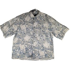 Bruno B Mens XL Linen Cotton Blue Geometric Tile Print Short Sleeve Button Shirt